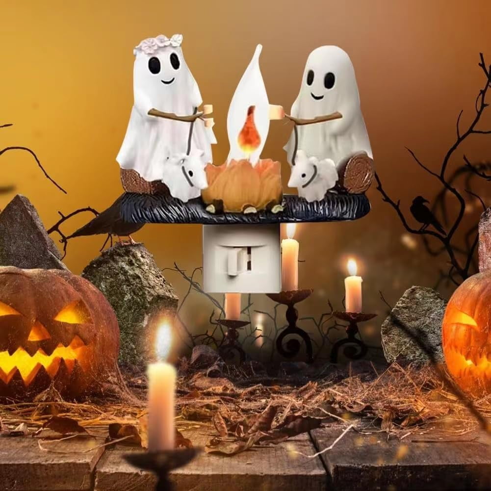 1PCS Ghost Campfire Nightlight, 2024 Ghost Roasting Marshmallows Night Light, Halloween Nightlight Flickering Firelight Indoor Decorations Lamp (Ghost&Dog)