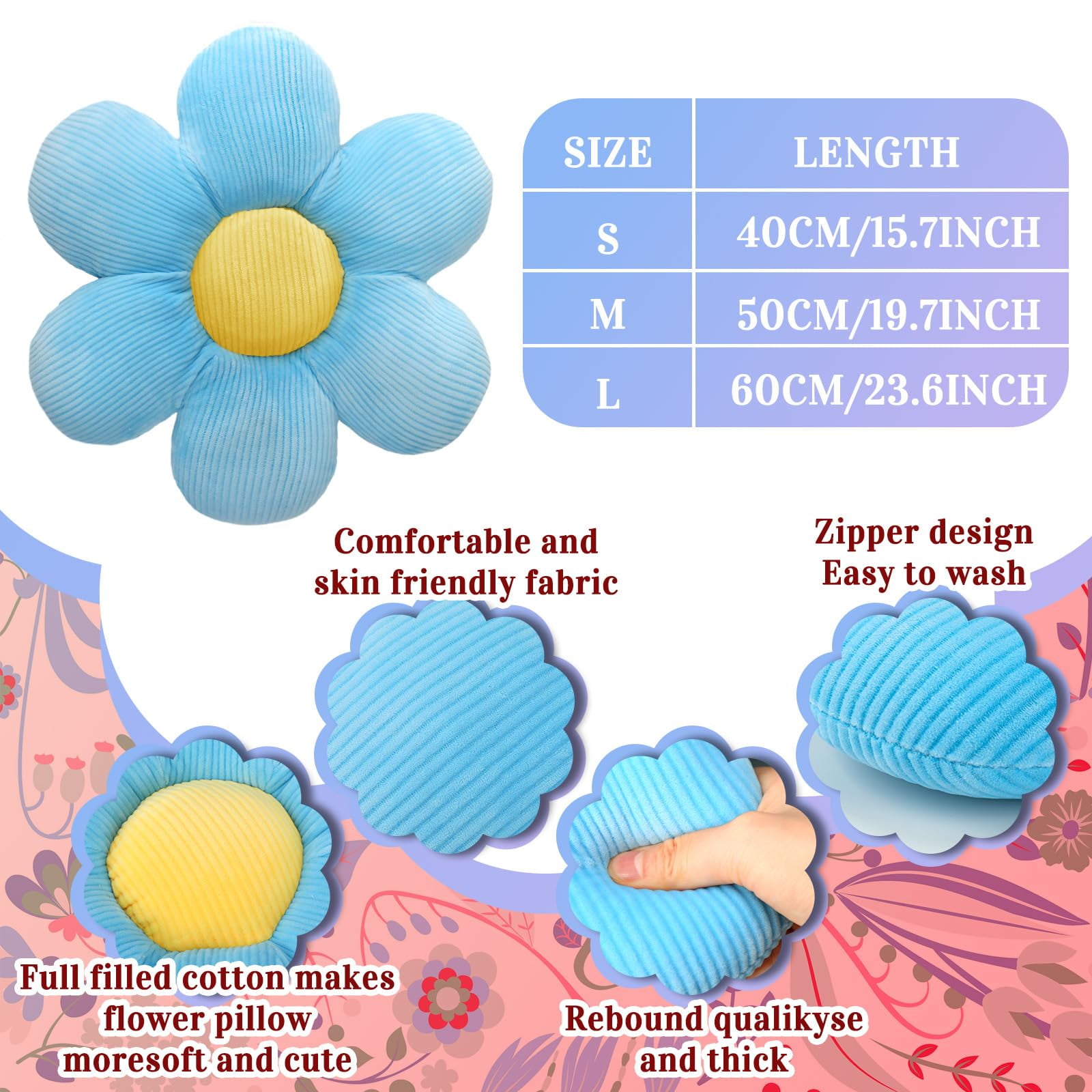3pcs Flower Pillows Cute Plush Flower Throw Pillows Daisy, Floor Seat Cushion Chair Pads for Sofa Couch Bed Home Decor, 16 inch