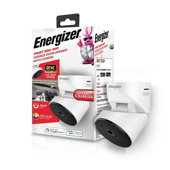Energizer Smart Garage Door Opener with 2K Security Camera, Remote Access, & Two-Way Audio, White