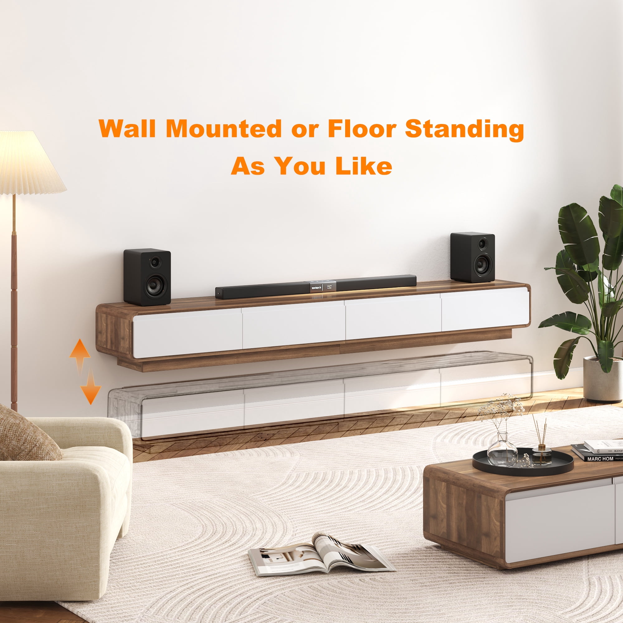 Blotout 94.5''Minimalist Floating TV Stand, Modern Wall-Mounted Media Console with 4 Drawers for Wall-mounted TV Up to 110'', Walnut & White
