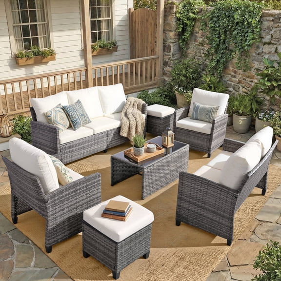 Outdoor Patio Furniture Sets Wicker Conversation Set PE Rattan Sectional Sofa Couch with Ottomans, and Coffee Table for Backyard, Porch and Garden(gray&Beige)