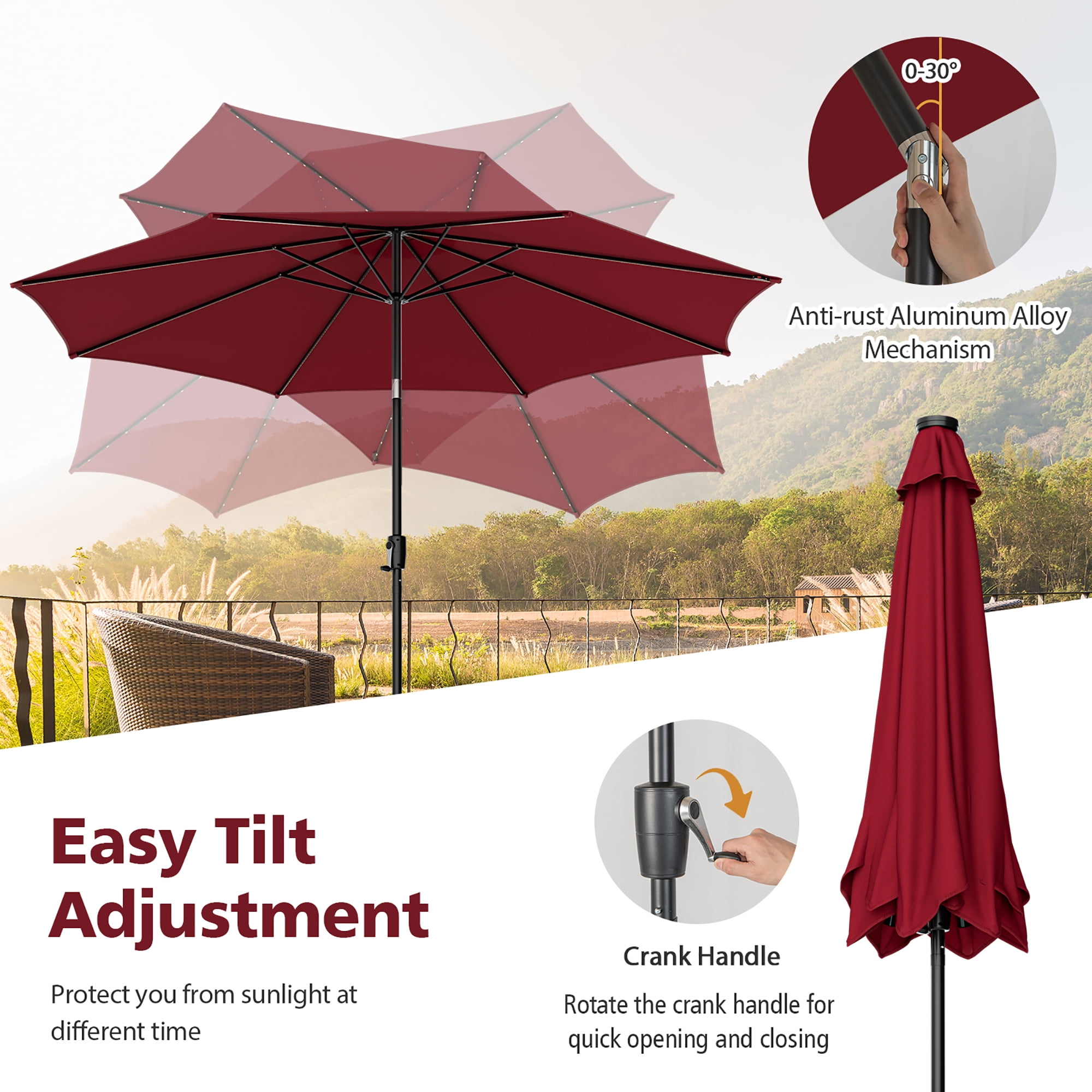 Gymax 10FT Solar Patio Umbrella 112 LED Lighted Umbrella Outdoor Table Market Umbrella Wine
