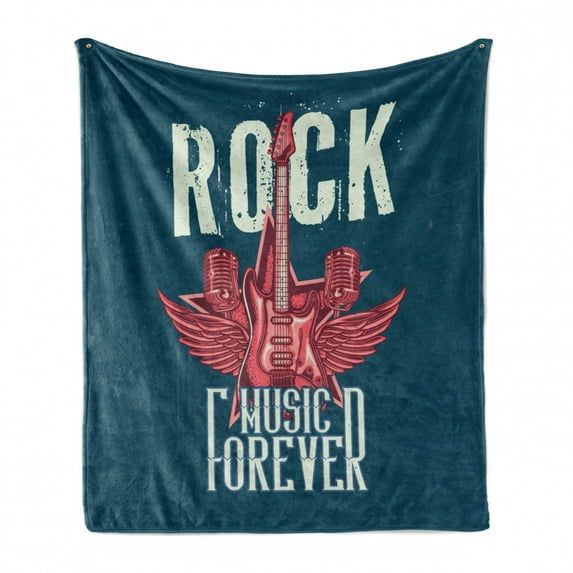 Rock and Roll Soft Flannel Fleece Throw Blanket, Poster Design of a Guitar 2 Microphones Wings, Cozy Plush for Indoor and Outdoor Use, 70" x 90", Teal Dark Coral, by Ambesonne