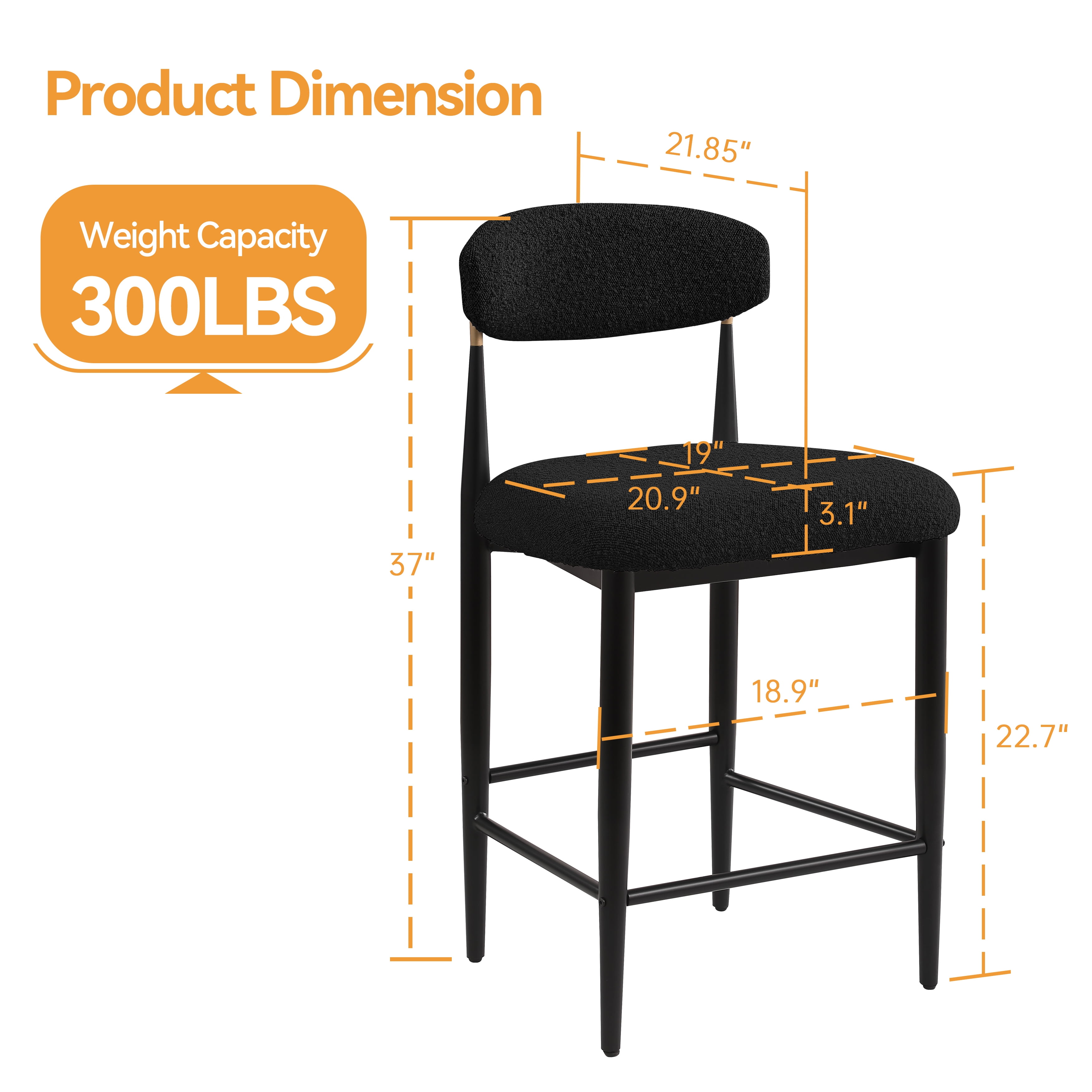 Morden Fort Counter Height Bar Stools Set of 2, 26" Boucle Barstools with Backrest and Metal Legs, Island Chairs for Kitchen Island, Dining Room