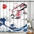 thumbnail image 2 of Asian Japanese Cherry Blossom Shower Curtain, Ocean Art Flower Red Sun Mountain Abstract Traditional Nature Landscape Decor for Bathroom, Waterproof Polyester Durable Fabric Set with Hooks,72x72, 2 of 6