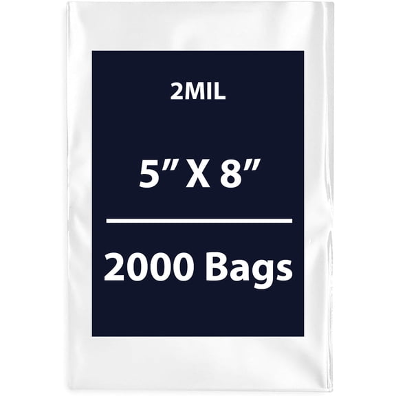 Clear Flat Poly Bags, 2Mil 5" X 8" & 2000 Bags | Low-Density Polyethylene (LDPE), Flat Open Top Plastic Packaging Packing | Flexible and Durable Plastic Bags