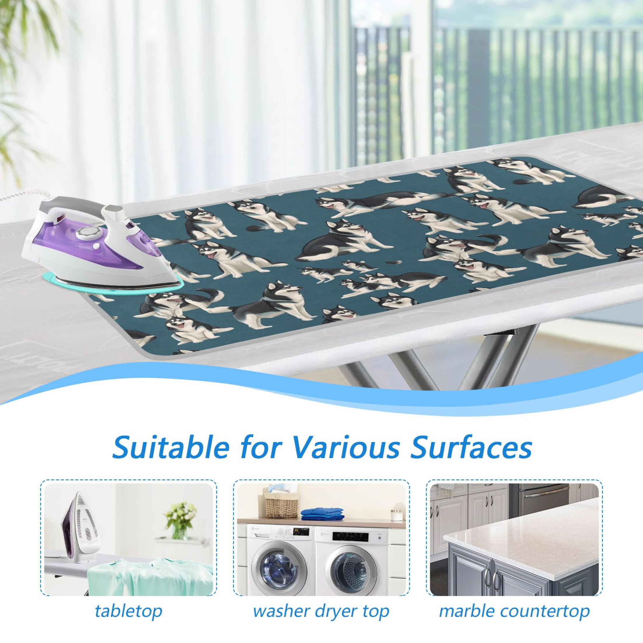 Husky Flat Vector Different Moves Ironing Mat Blanket for Table Top Travel Portable Ironing Board Pad 47.2x27.6 Inch