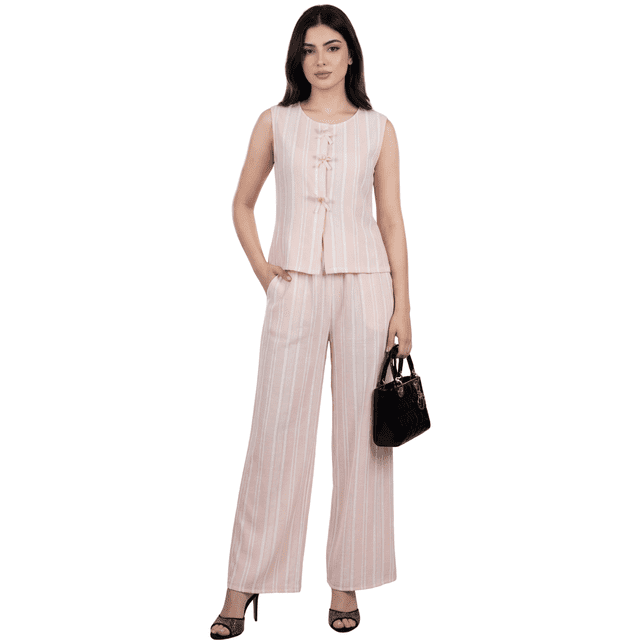Conjunto 2 Piezas Casual Chic, Blusa Sin Mangas Minimalista y Pantalón Holgado a Rayas para Mujer