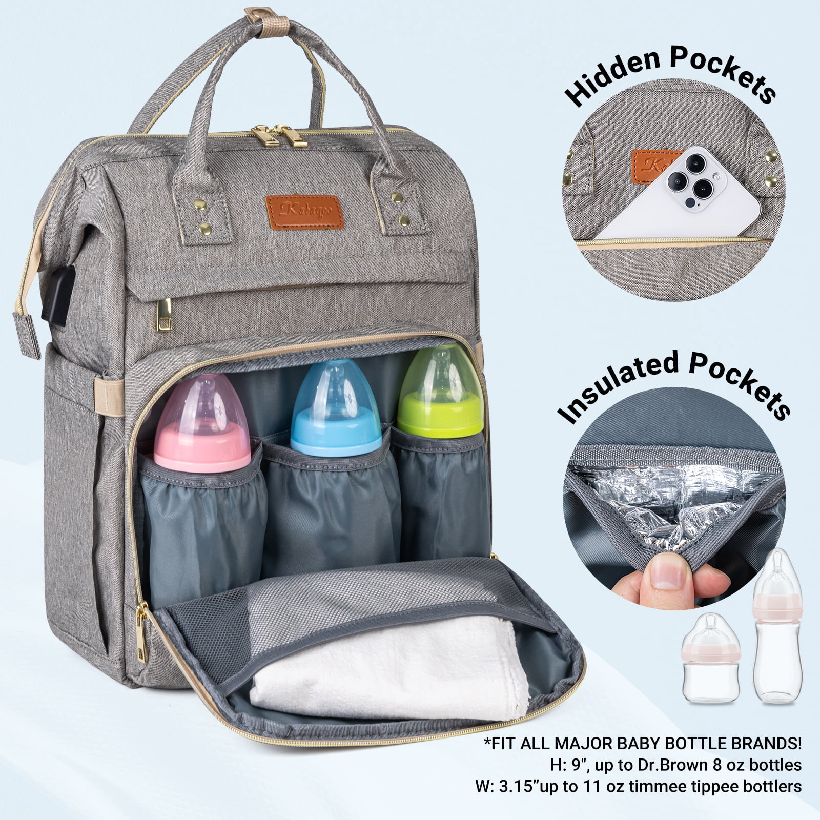 KABAQOO Baby Diaper Bag Backpack for Boy & Girls Travel Diaper Backpack Newborn Essentials Gift Grey