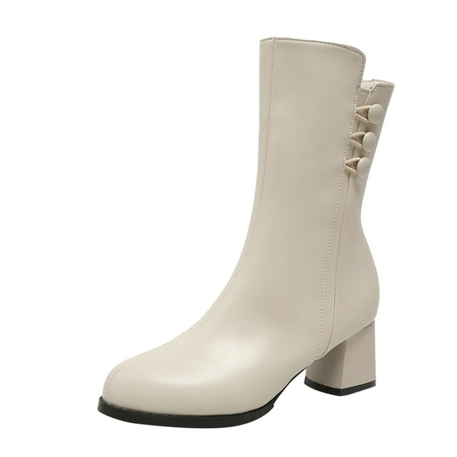 WEAIXIMIUNG Bottines pour Femmes Mode Western Blanche en Cuir Couleur Unie Talons Carrés d'Automne Fermeture Éclair Bout Rond