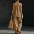thumbnail image 5 of Womens Cotton Linen 2 Piece Sets Sleeveless V Neck Halter Top Matching Baggy Wide Leg Pants Outfit Solid Color Outfits 2026 Boho Casual Summer Travel Vacation Trendy Outfits Tracksuit,Light Brown L, 5 of 5
