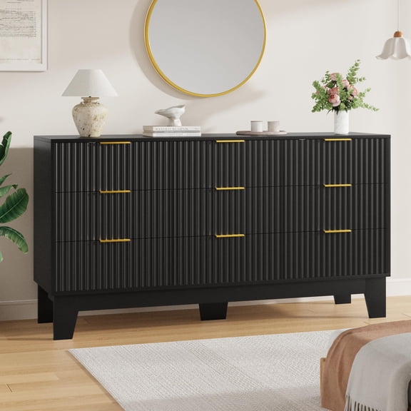 59" Wide Fluted 9 Drawers Dresser, Modern Chest of Drawers with Metal Handle, Dresser TV Stand, Wood Drawer Organizer for Bedroom, Living Room, Hallway