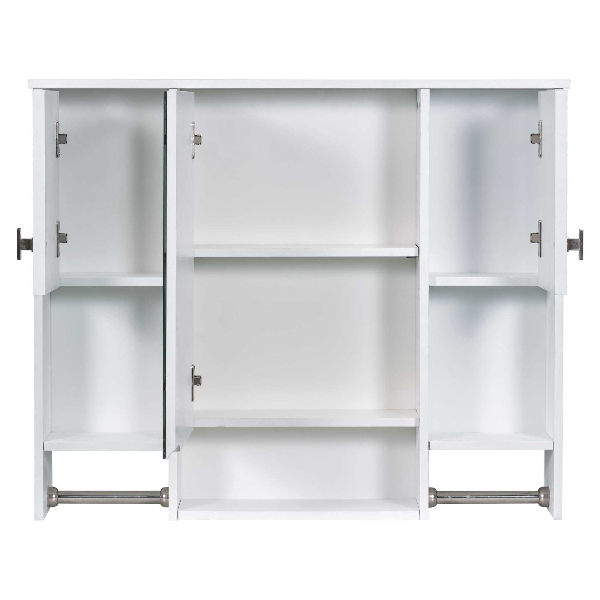 DEALTOPS Stylish Wall Mounted Bathroom Mirror Cabinet with Open Shelves and Towel Racks, White