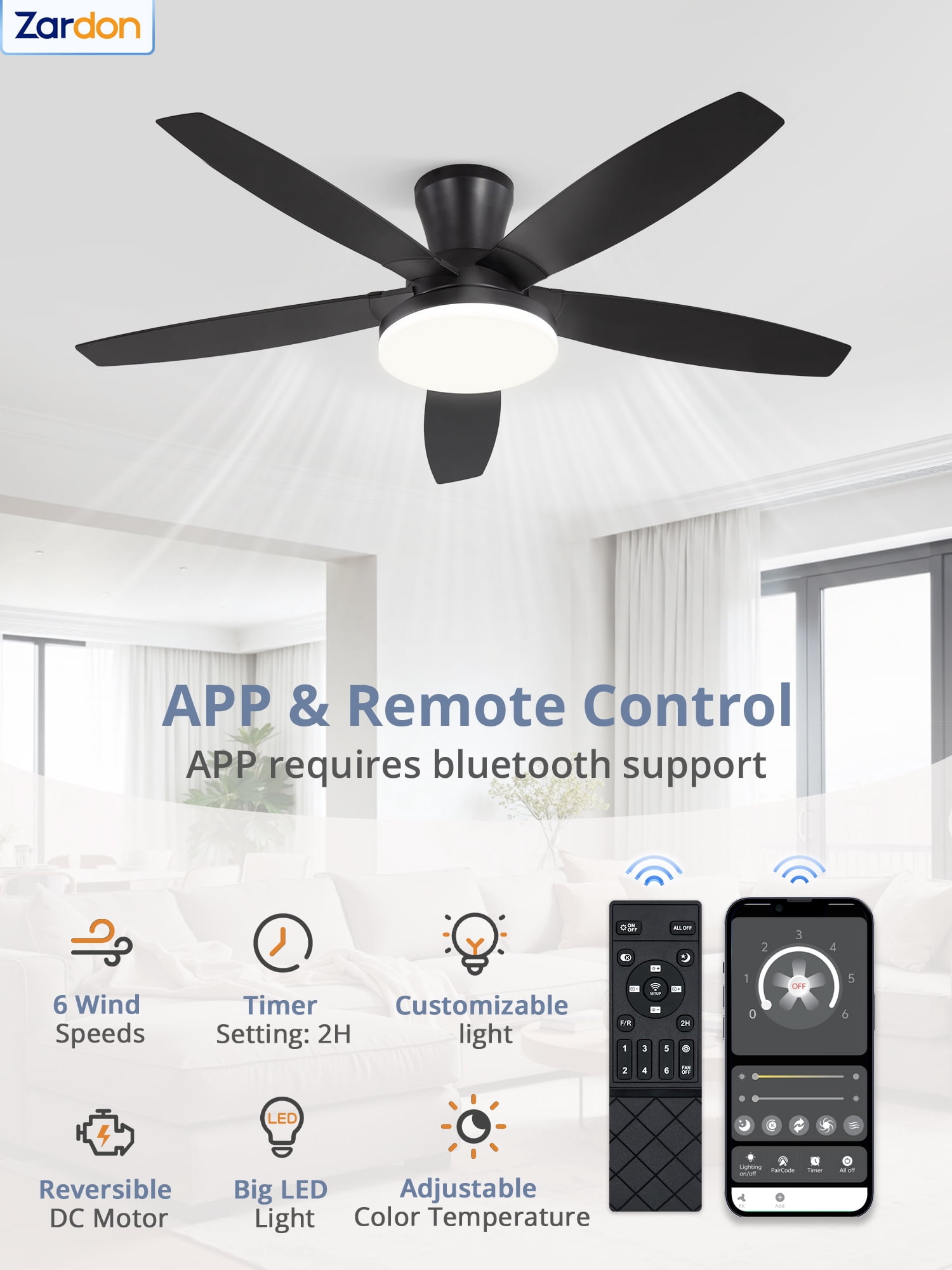 Zardon 48in Ceiling Fans with Light and Remote Control, Flush Mount Ceiling Fans with Reversible 6 Speeds, for Indoor, Outdoor, Black