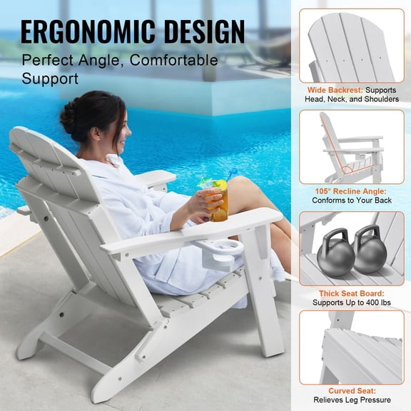 Portable White Plastic Adirondack Chairs,Set of 2 Outdoor Patio Seating with Cup Holders for Garden&Fire Pit,All-Weather Folding Backyard Furniture