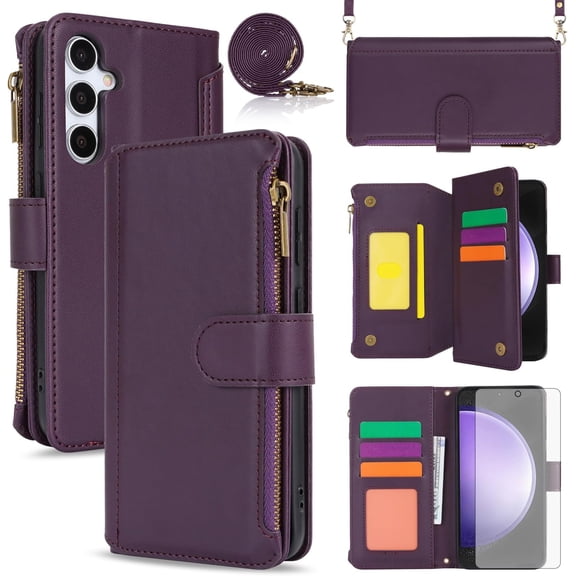 Phone Case for Samsung Galaxy S23 FE 5G Wallet Cover with Tempered Glass Screen Protector and Crossbody Wrist Strap Flip RFID Blocking Card Holder TPU Cell S 23 EF S23FE 23S Women Girls Purple