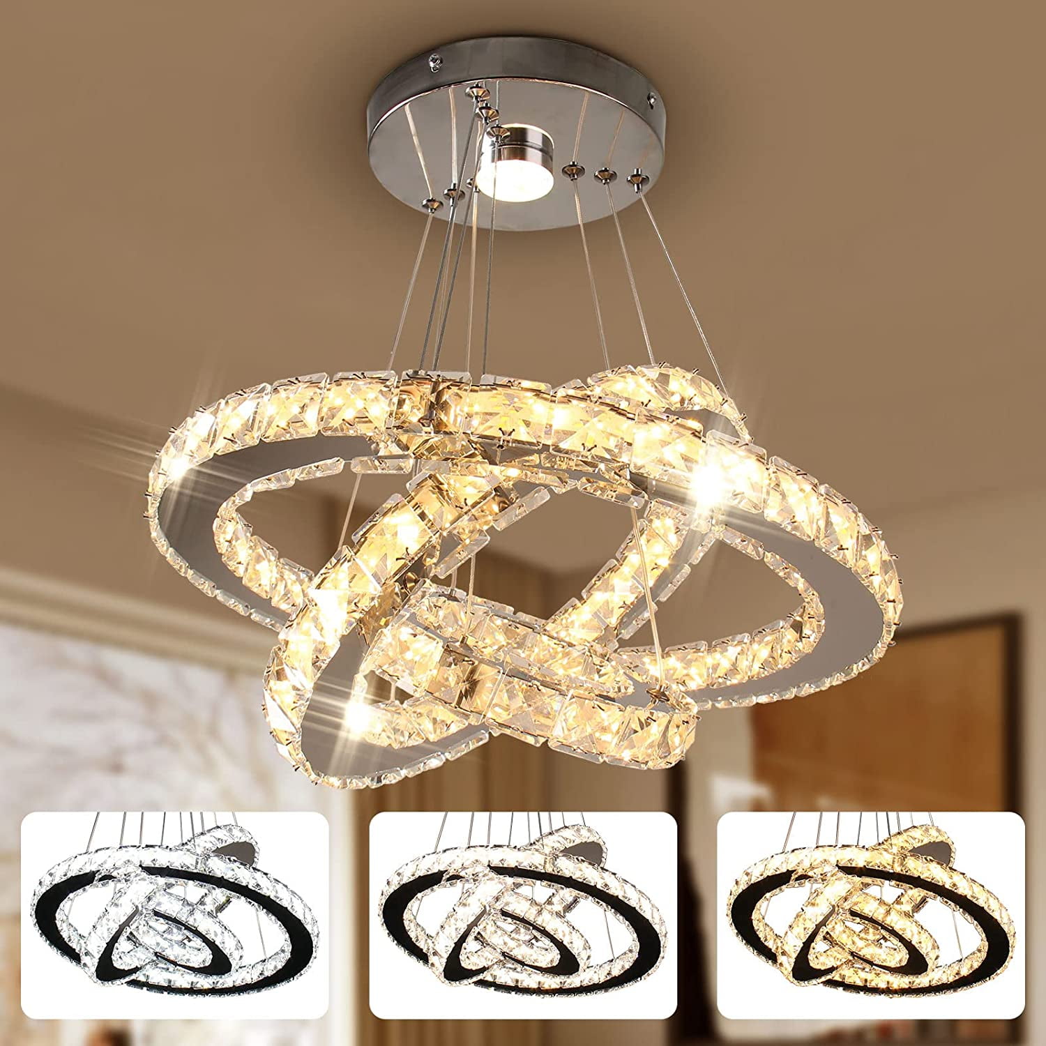 FRIXCHUR Dimmable Crystal Chandeliers LED Ceiling Light Fixture 3 Rings Adjustable Stainless Steel Pendant Light Chandelier(Multi Color)