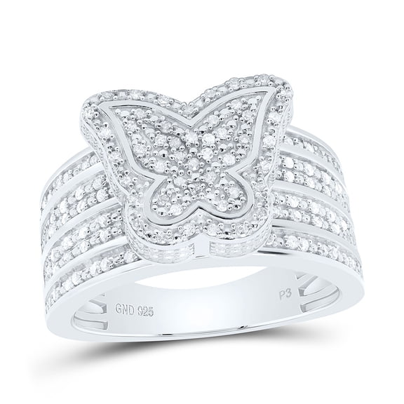 925 Sterling Silver Real Diamond Cluster 3D Butterfly Halo Cocktail Ring 1/2 CT