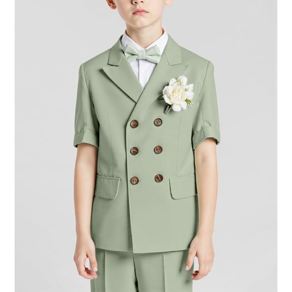 Boys 2-Piece Double Breasted Suit Set: Short-sleeve Blazer & Shorts for Wedding Prom Slim Fit Peak Lapel Lightweight