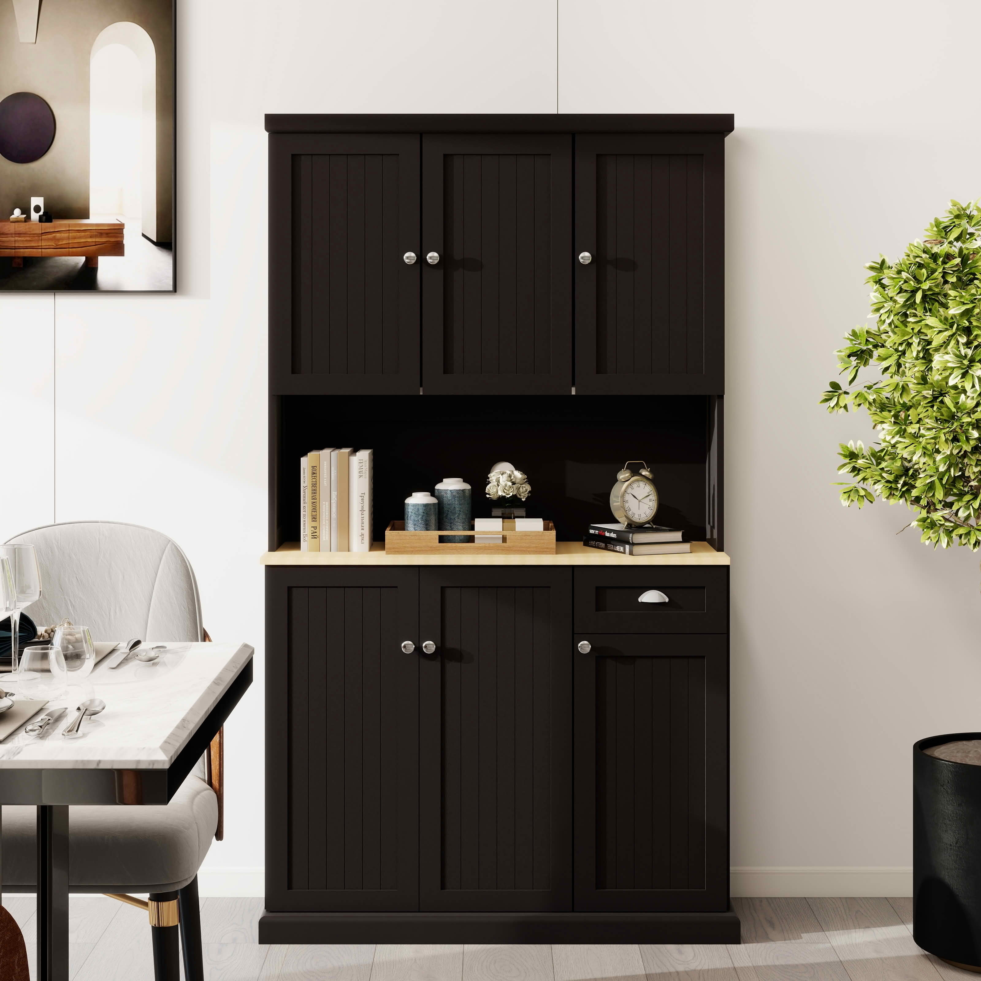 MAYEERTY 71-Inch Kitchen Pantry Storage Cabinet, Freestanding Hutch with Microwave Countertop 6 Doors 1 Drawer Black