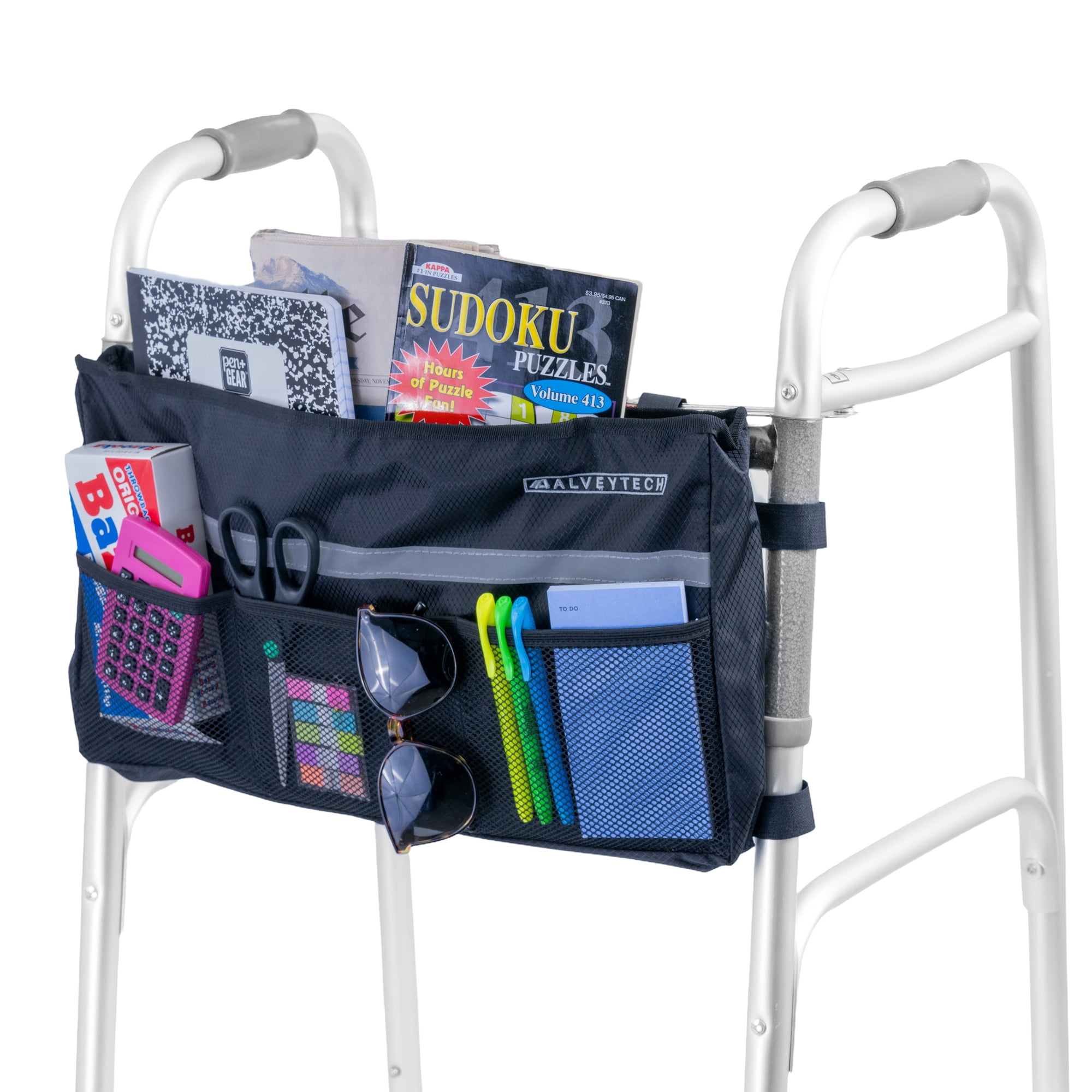 AlveyTech Deluxe Walker/Rollator Bag with Multiple Pockets, Large Capacity Nylon Storage Bag (Black)