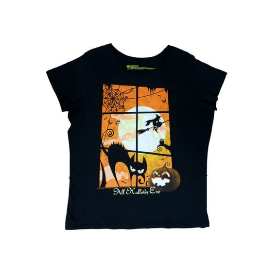 Womens Black Cat All Hallows Eve T-Shirt Spooky Witch Shirt