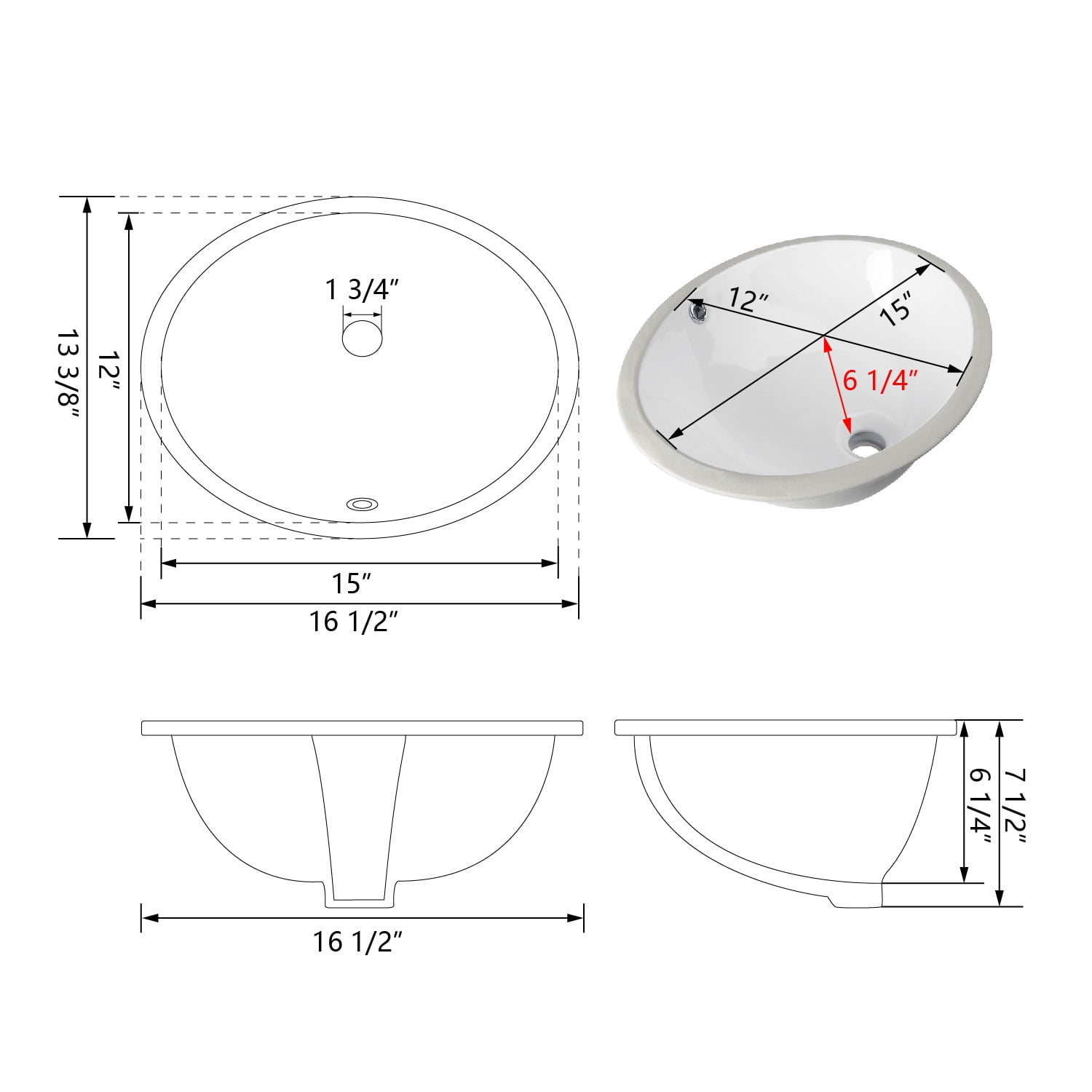 DeerValley DV-1U301 Oval White Ceramic Undermount Bathroom Sink with Overflow Hole (16.5" L x 13.39" W)