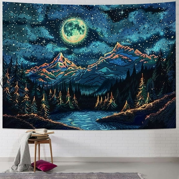 JRXY  Starry Night Tapestry, Inspired Lake Mountain Moon Stars Wall Hanging,Colorful Cloud Forest Tapestries for Bedroom, Living Room Painting