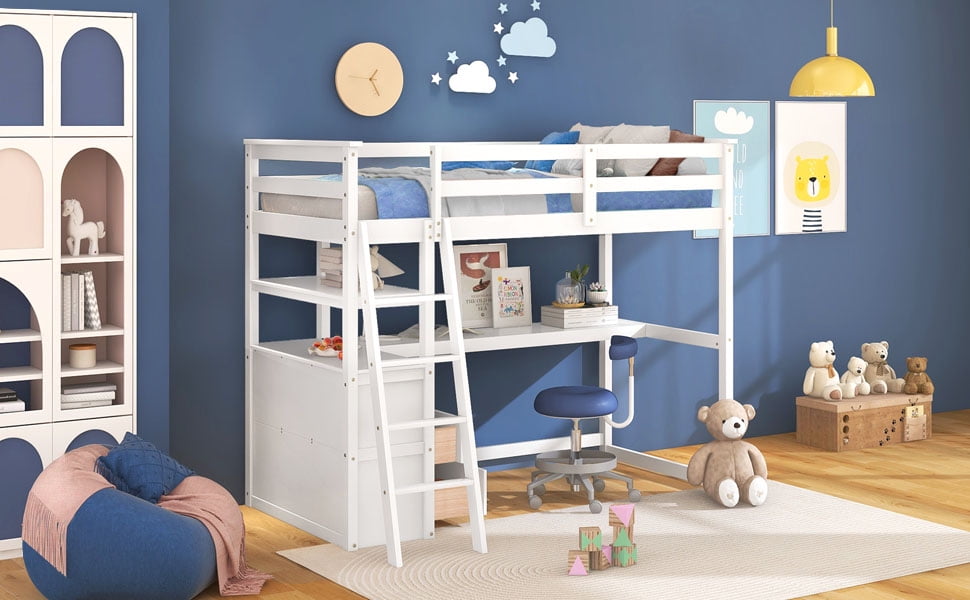 Euroco Twin Loft Bed with Desk for Kids Teens, White