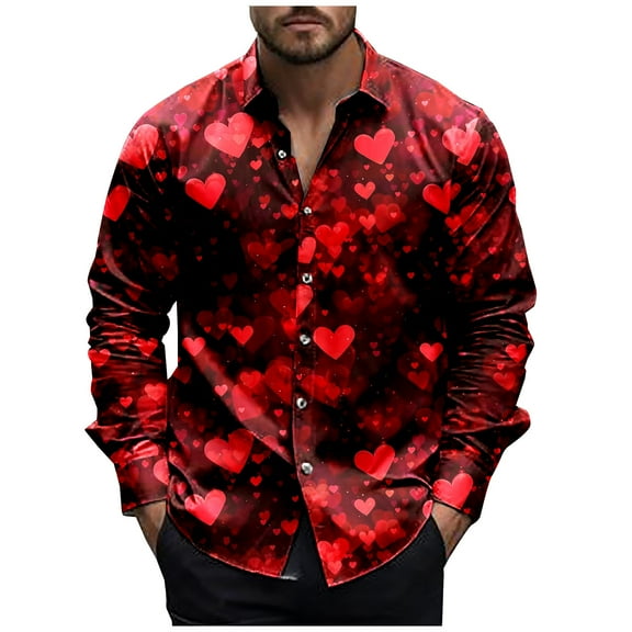 SERTG Mens Valentine's Day Fashion Print Shirt Lapel Long Sleeve Button Down Collar Casual Breathable Soft Tops(Red#2,S)