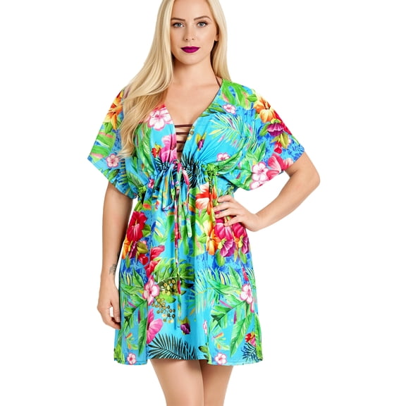 HAPPY BAY Women's Beachwear Summer Mini Tropical Dress Swimsuit Coverups for Women V Neck Tops Swim Beach Cover ups for Swimwear Women XL-XXL Teal, Floral