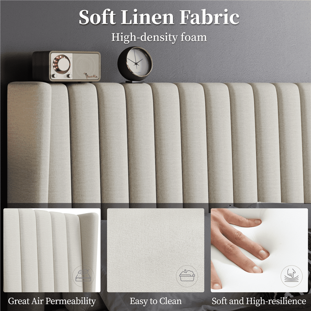 Fullfurnique Lit Rembourré avec Tête de Lit à Oreilles Design a Cannelures, Taille Queen, Ivoire