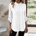 thumbnail image 2 of Mandarin Stand Collar Full Button Up Roll Tab Sleeve Chest Pocket Asymmetric High Low Hem Crinkle Cotton Linen Shirt for Women Spring Summer Casual Office Wear, 2 of 9