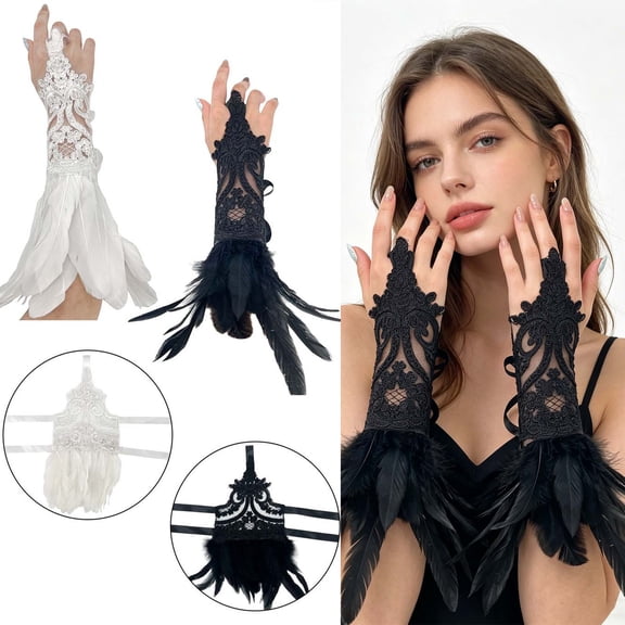 Lispipm Women Lace Feather Gloves Witchs Angels Accessory Summer Halloween Wrist Fingerless Glove for Performance Black