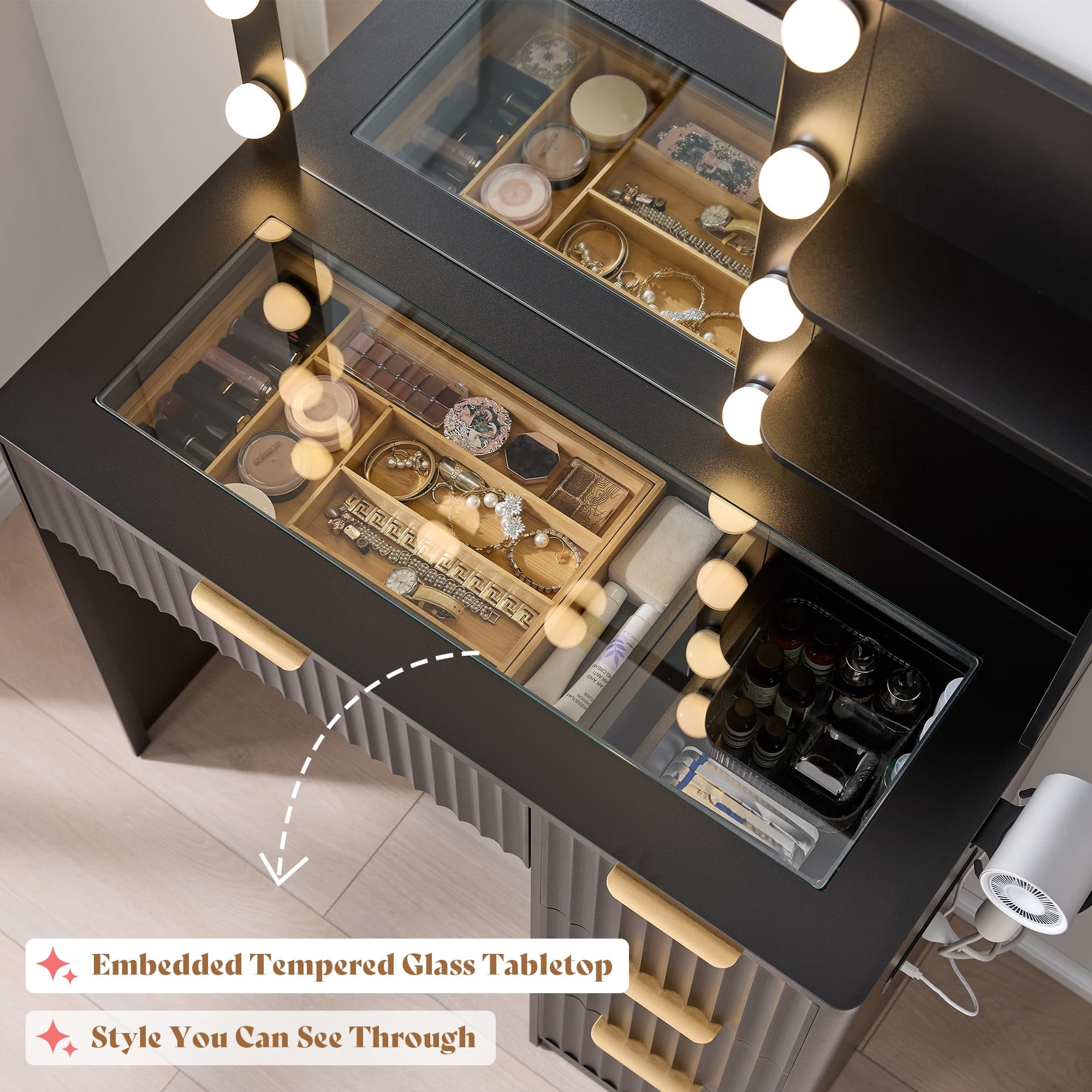 Merluxy 36.2" Girls Vanity Desk with Mirror and Adjustable LED Lights, 4 Drawers Makeup Table with Glass Top and Charging Station, Black