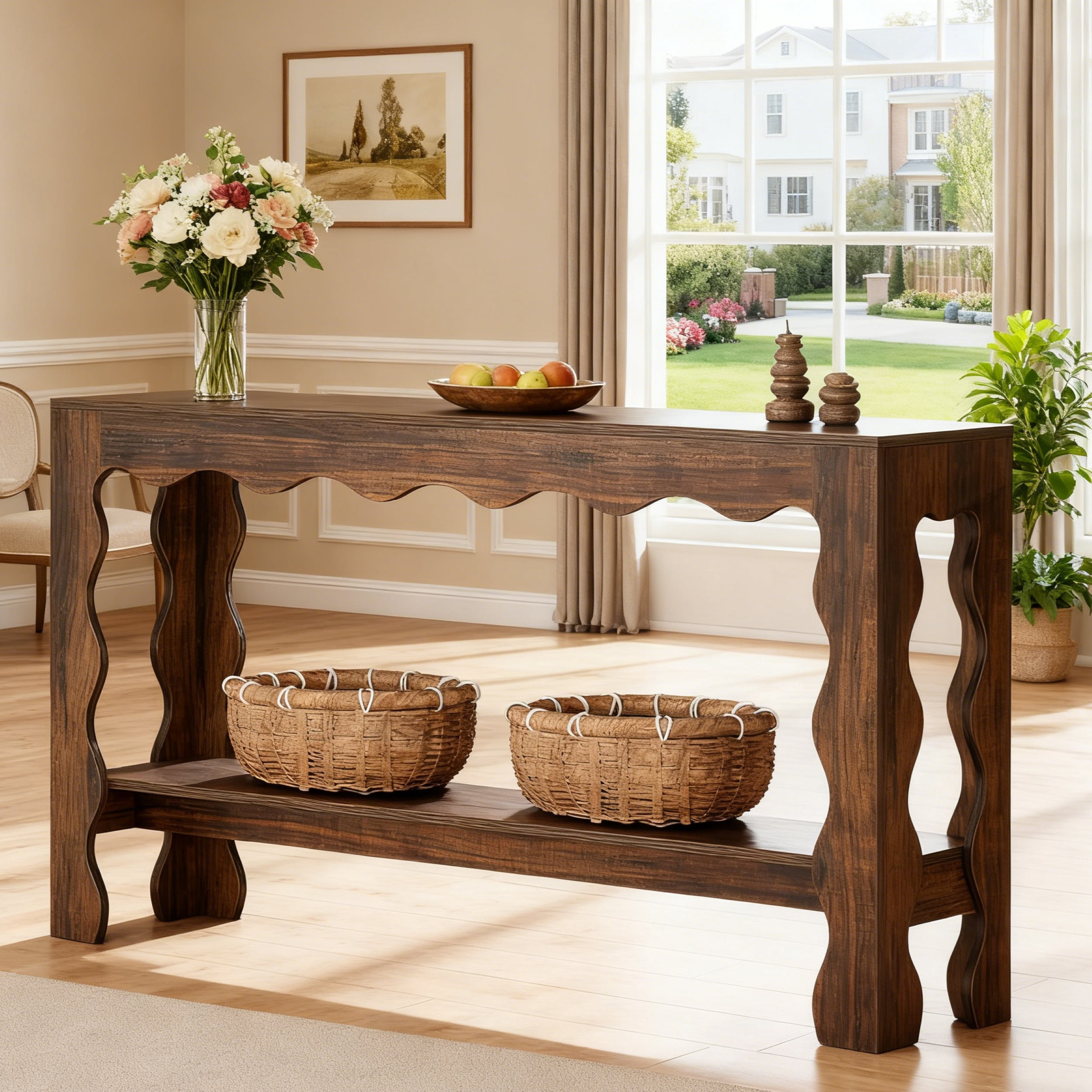 Fnova 63" Farmhouse Console Table with 2-Tier Storage Shelf, Scallop Design Entryway Table, Narrow Sofa Table for Living Room, Hallway, Foyer