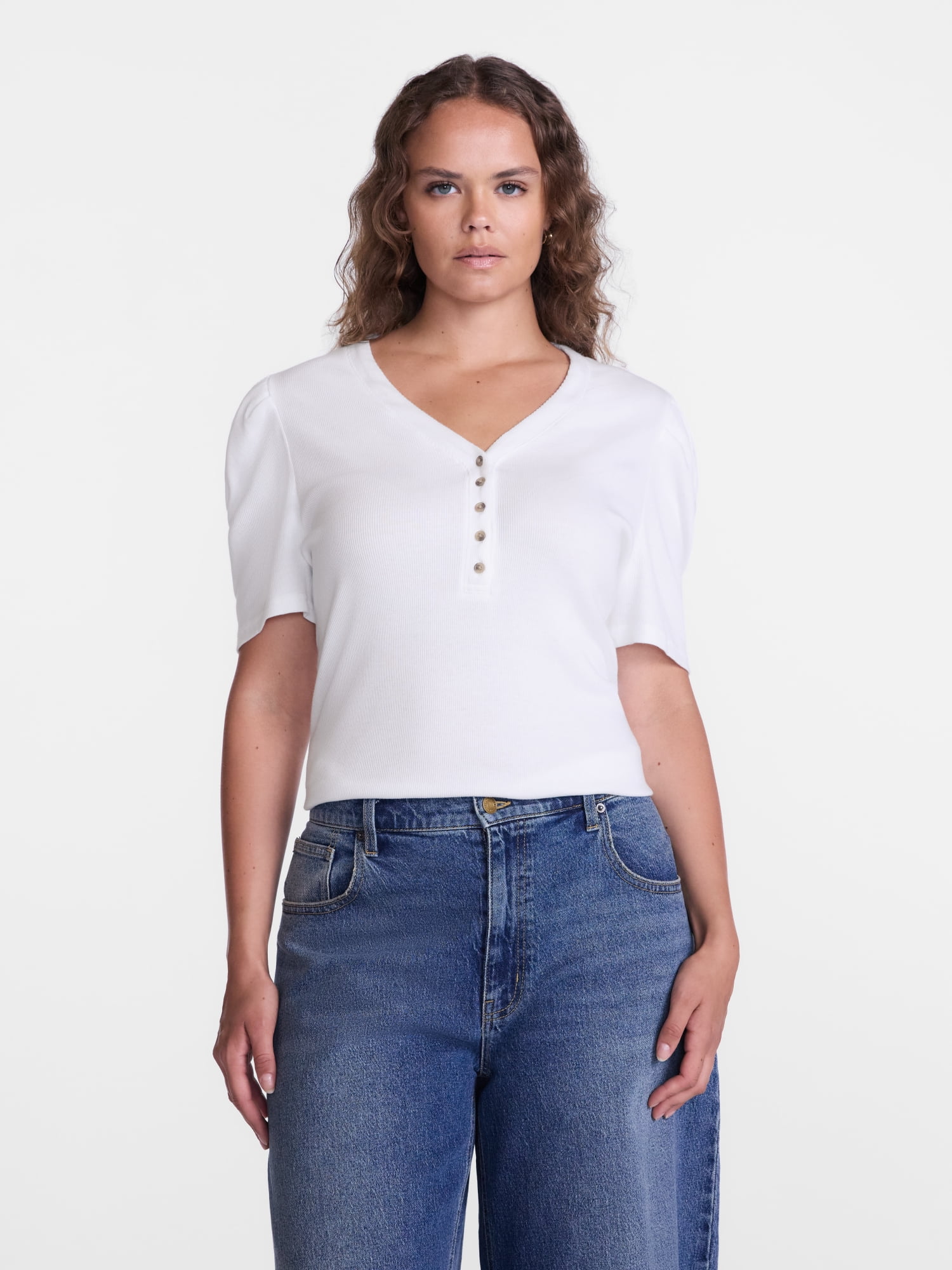 Scenario Women's V-Neck Henley Top with Short Puff Sleeves, Sizes XS-XXXL