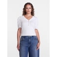 thumbnail image 2 of Scenario Women's V-Neck Henley Top with Short Puff Sleeves, Sizes XS-XXXL, 2 of 6