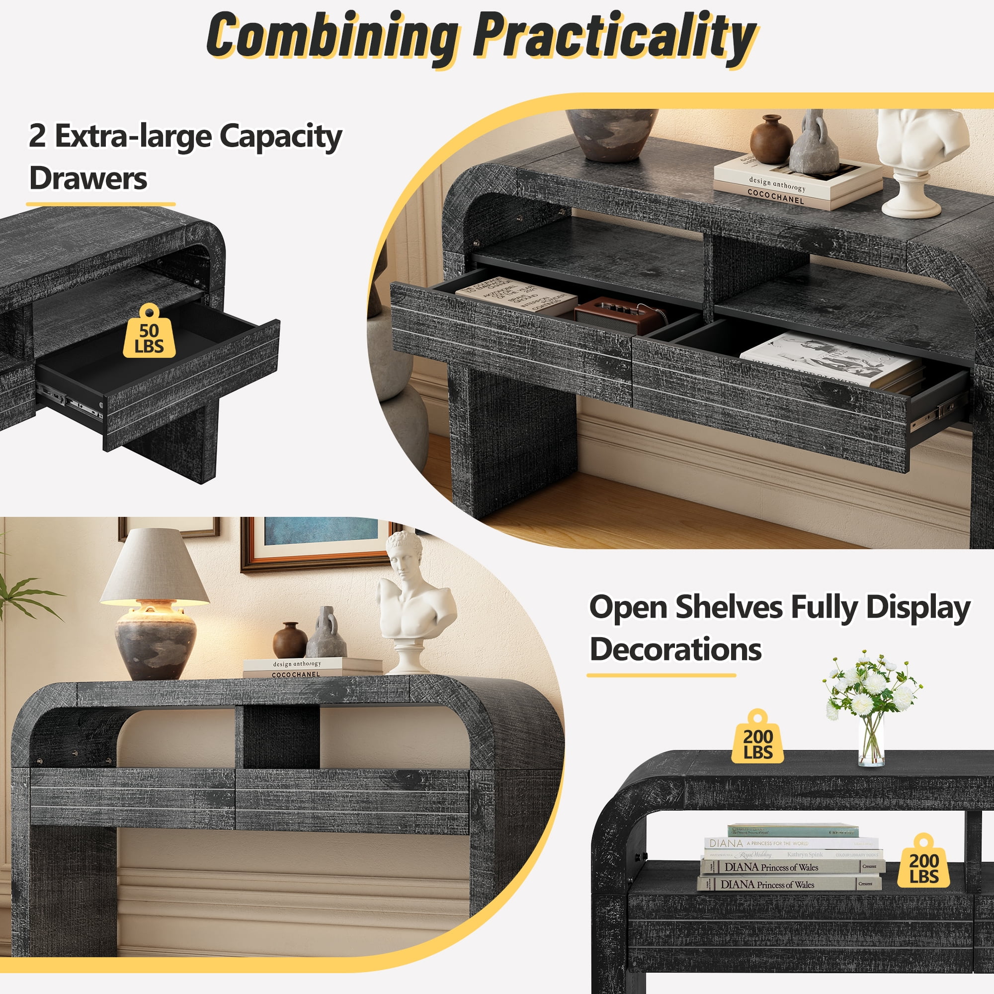 EUROCO 52" Curved Console Table,Retro Narrow Entryway Table Sofa Table with 2 Large Drawers and Open Storage Shelf for Living Room Entrance Hallway,Antique Black