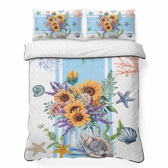 King Quilt Set 96''x106'', Coastal Sunflower Lightweight Summer Bedspread Coverlet Set with 2 Pillow Shams, Blue Summer Beach Starfish Shell Breathable All Season Quilt Bedding for Bedroom/Guest Room