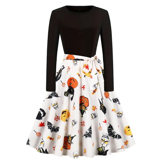 Robe Formelle pour Femmes Manches Longues Col Rond Robe Élégante Imprimé Halloween Automne Hiver Robe de Soirée