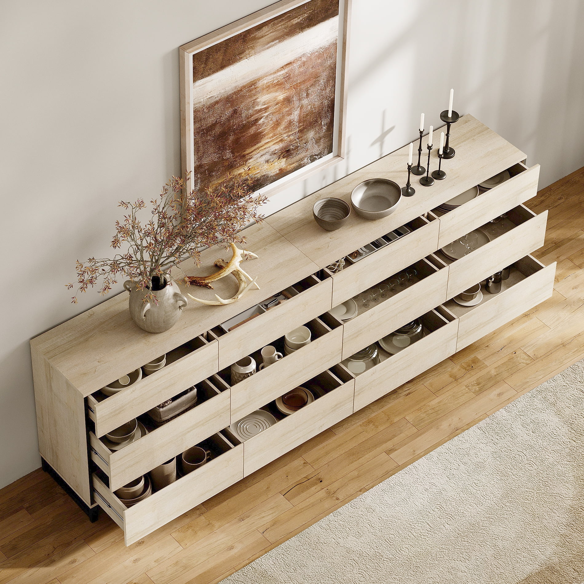 WAMPAT 12-Drawer Buffet Sideboard, Modern Large-Capacity Coffee Bar Cabinet with Smooth-Glide Drawers and Metal Base, Wooden Storage Organizer for Home, Beige