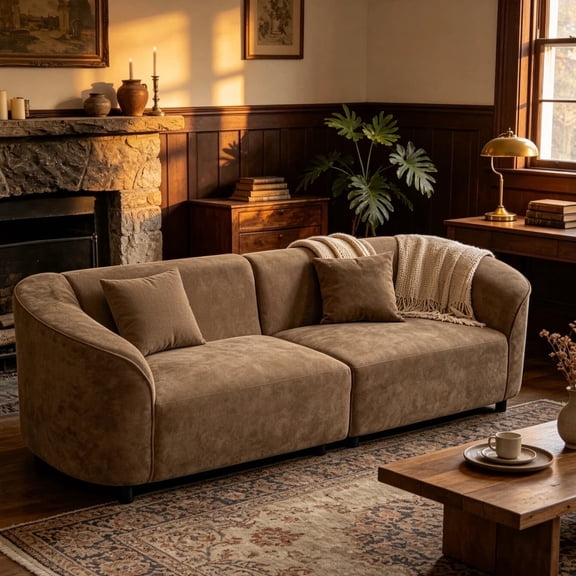 87" Curved Contemporary Sofa, Modern Crescent Couch with Plush Seating, Streamlined Design & Durable Frame, 3-Seater Upholstered Sofa for Living Room, Brown