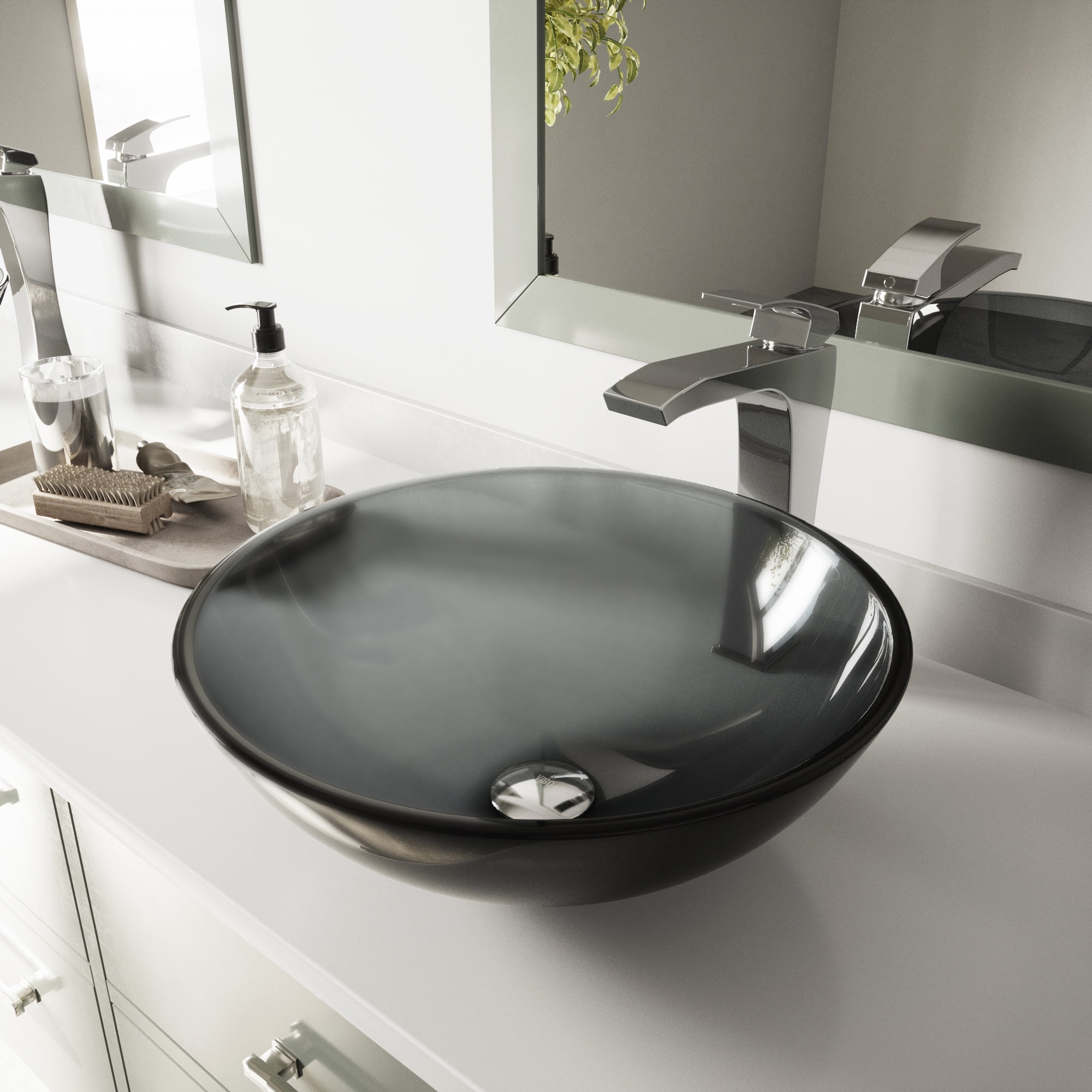 VIGO Giovanni Sheer Black Glass 17 in. L x 17 in. W x 6 in. H Round Vessel Bathroom Sink