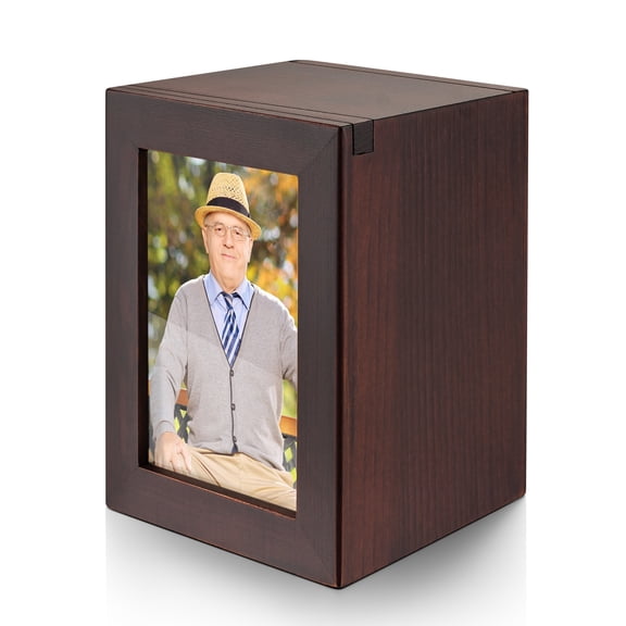 XIUDA Small Wooden Urn for Human Ashes - Decorative Keepsake Box with Photo Frame, Cremation Brown Small Urn for Women Men