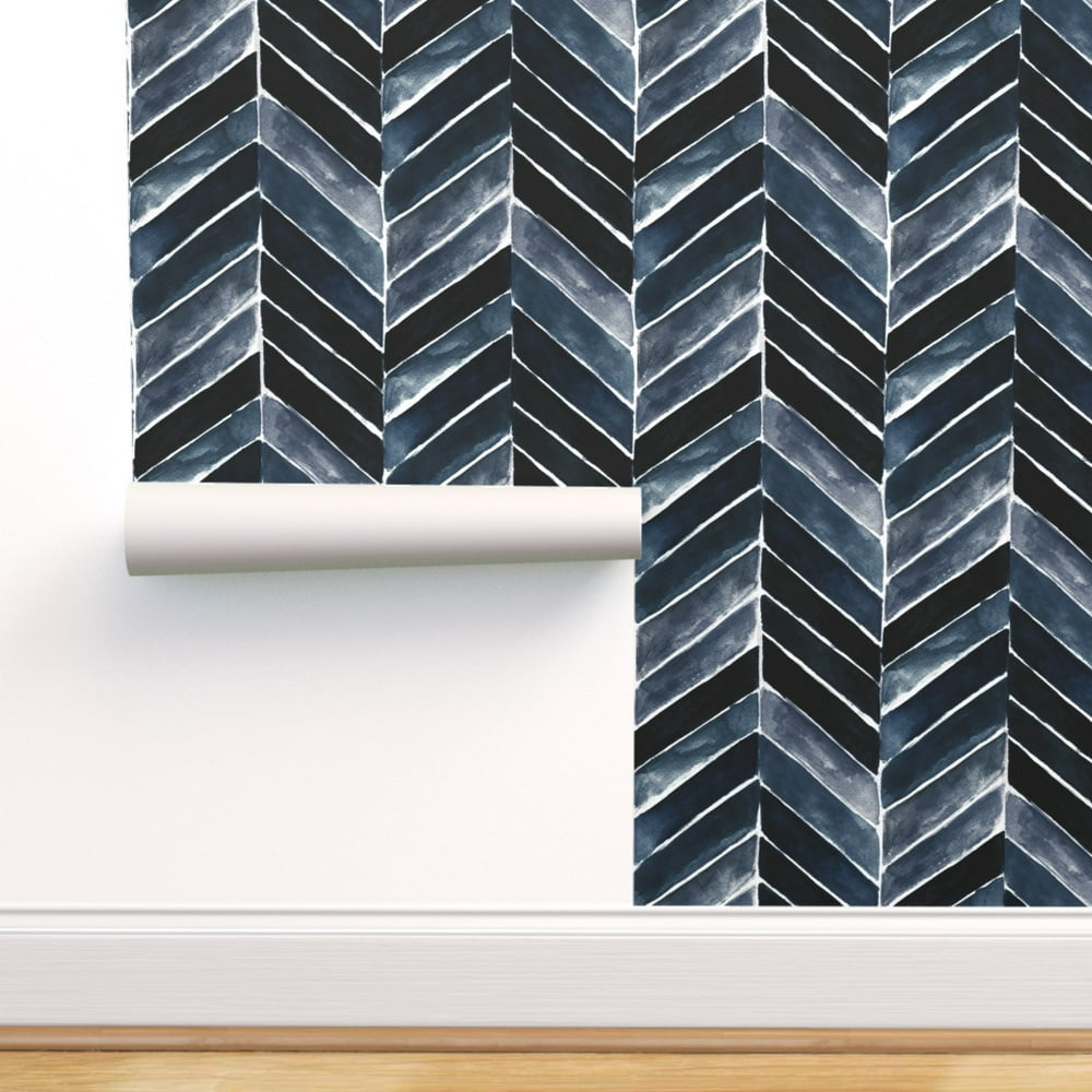 Peel-and-Stick Removable Wallpaper Indigo Blue Herringbone Chevron Hand