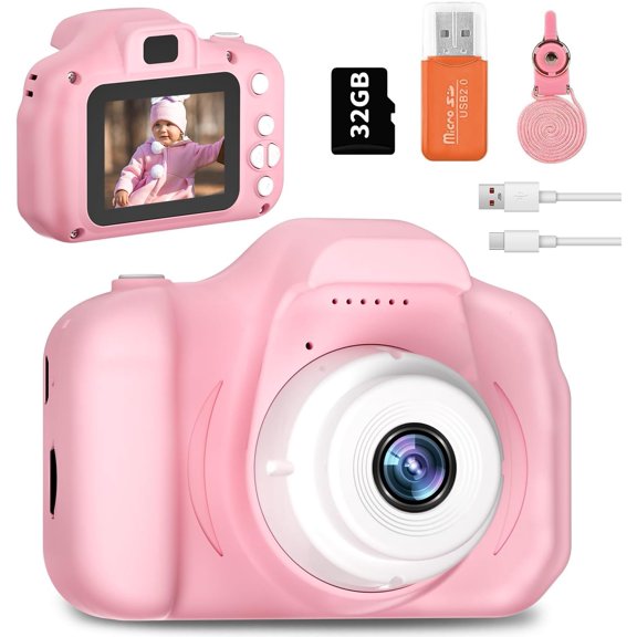HD Kids Digital Camera for Boys Girls,Kids Camera for Toddler,HD Digital Video Cameras Portable Children Selfie Camera with 32GB SD Card,Pink