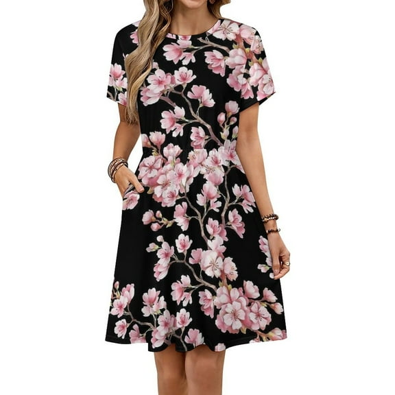 Cherry Blossom Print Sundress Short Sleeve Dress Summer Women Clothes Dress for Women Dresses