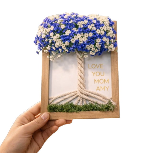 DIY Mothers Day Dried Flower Tree Frame Personalized Wooden Photo Frame With Letter Stickers & Artificial Flowers