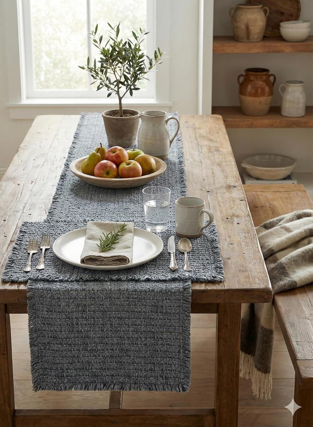 181 Degrees Table Runner 19x92 with Placemats 14x19 Set, Gray Farmhouse Table Decor, Textured Dining Table Runner & Placemat Set